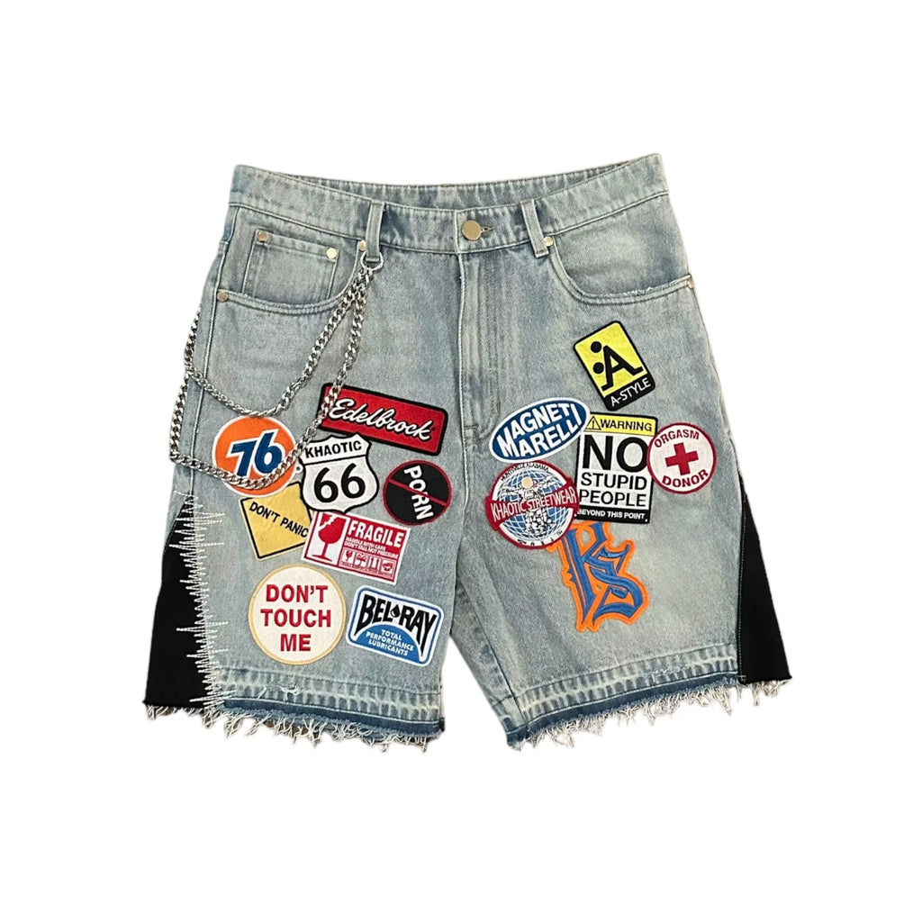 Retro Blue Patchwork Denim Shorts/Tee