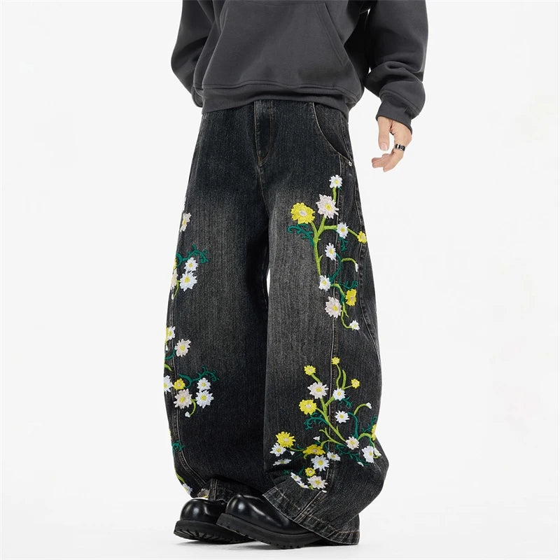 Floral Embroidery Wide Leg Jeans