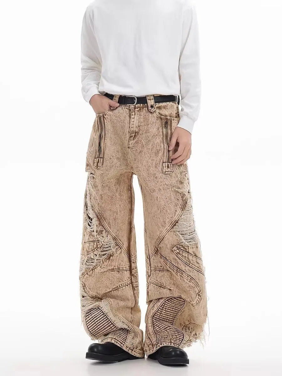 Retro Broken Hole Baggy Wide Jeans