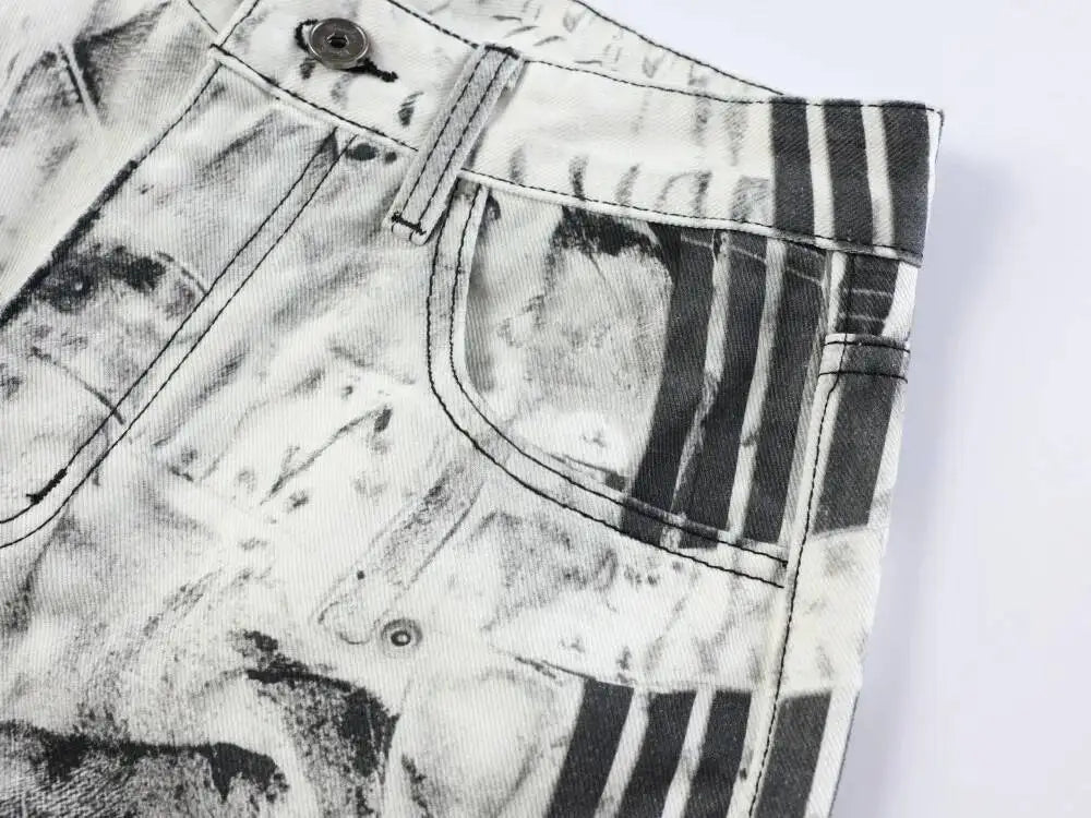 Ripped Marble Print Wide Jeans