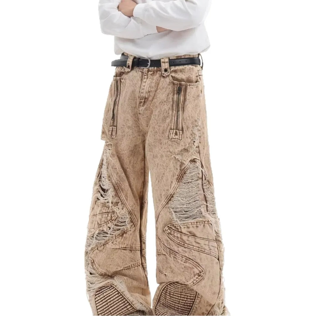 Retro Broken Hole Baggy Wide Jeans