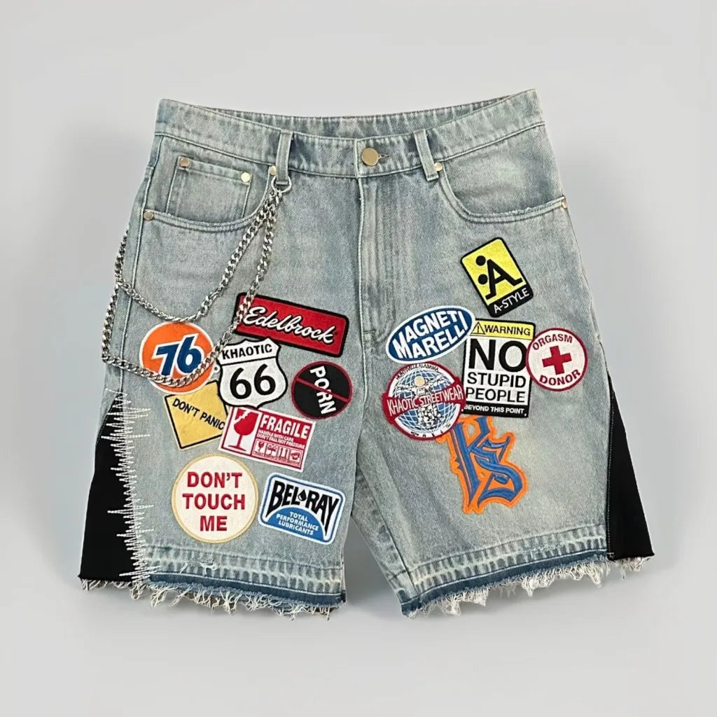 Retro Blue Patchwork Denim Shorts/Tee