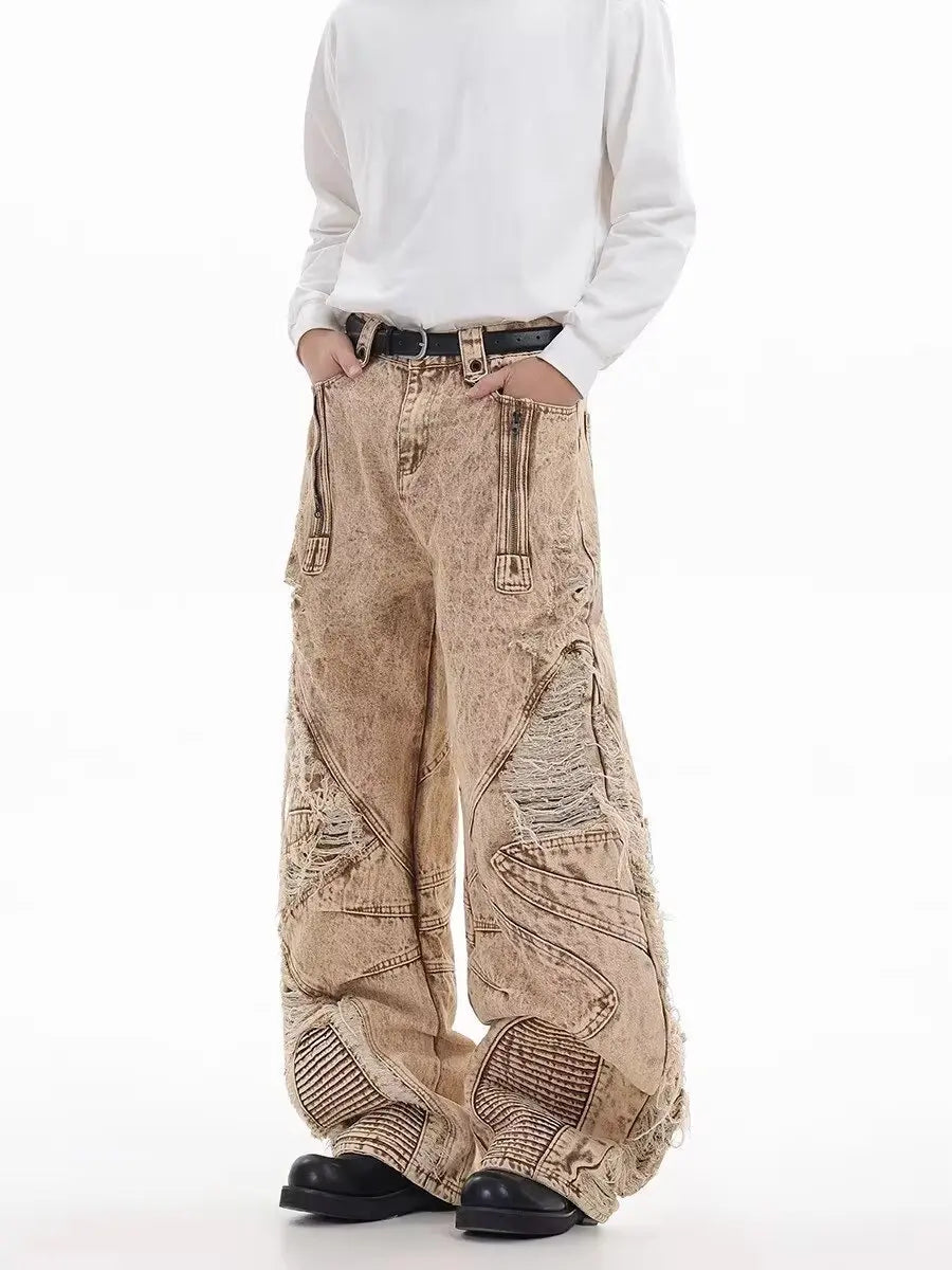 Retro Broken Hole Baggy Wide Jeans