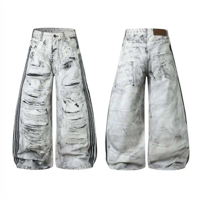 Ripped Marble Print Wide Jeans
