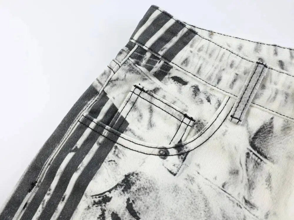 Ripped Marble Print Wide Jeans