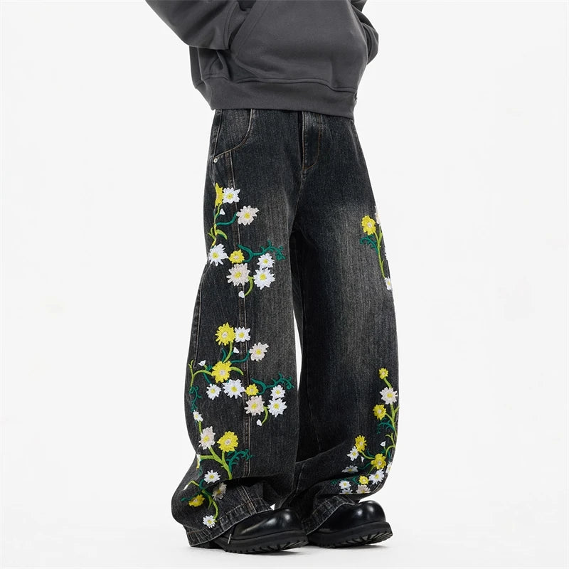 Floral Embroidery Wide Leg Jeans