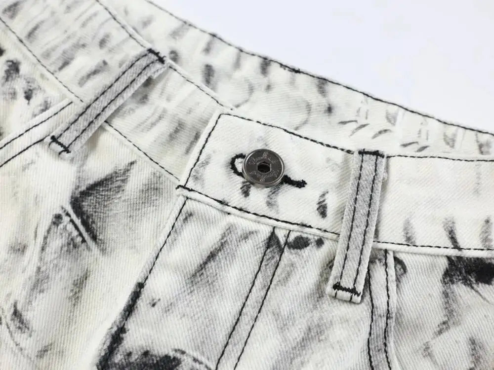 Ripped Marble Print Wide Jeans