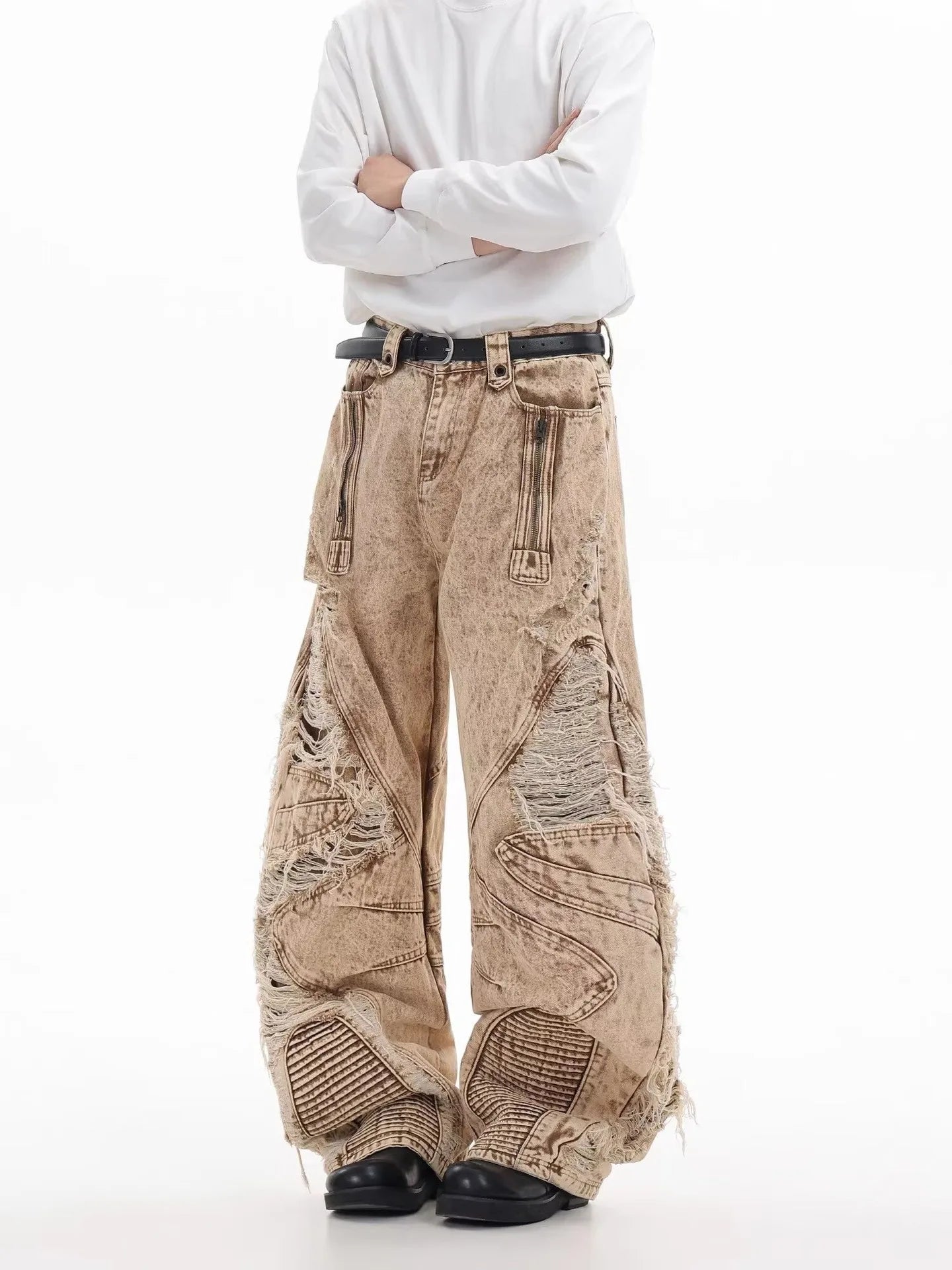 Retro Broken Hole Baggy Wide Jeans