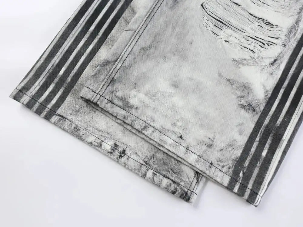 Ripped Marble Print Wide Jeans