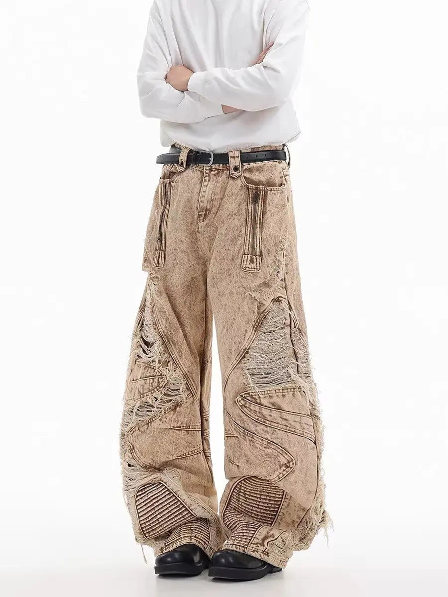 Retro Broken Hole Baggy Wide Jeans