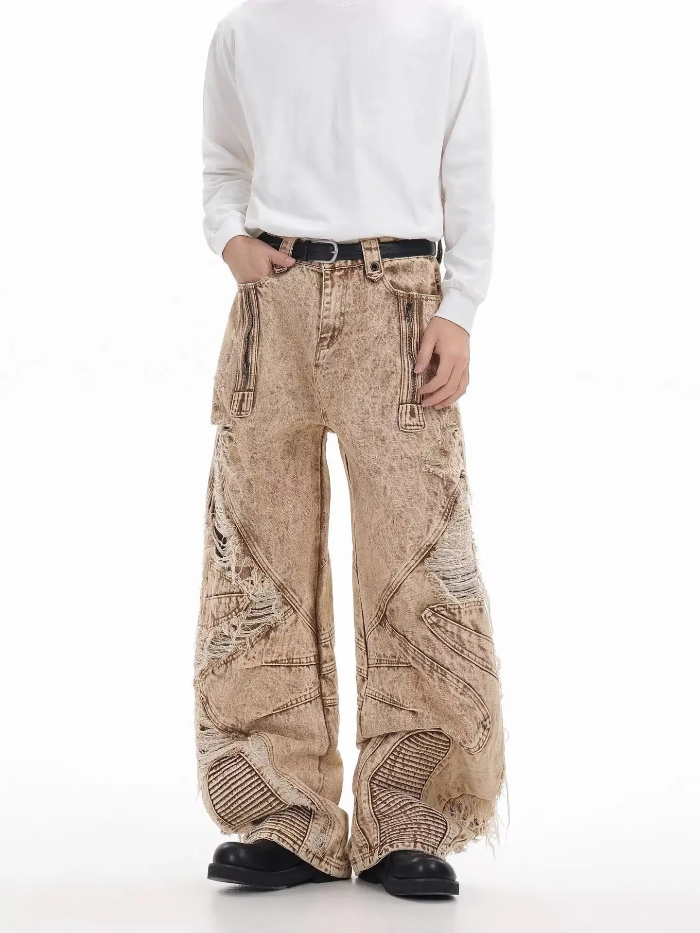 Retro Broken Hole Baggy Wide Jeans
