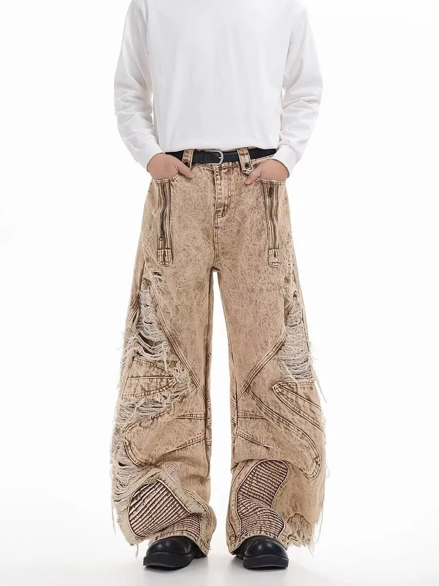 Retro Broken Hole Baggy Wide Jeans