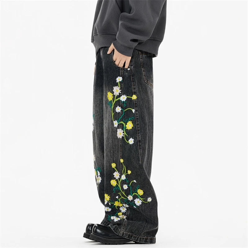 Floral Embroidery Wide Leg Jeans