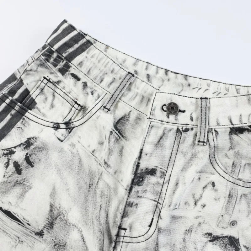 Ripped Marble Print Wide Jeans