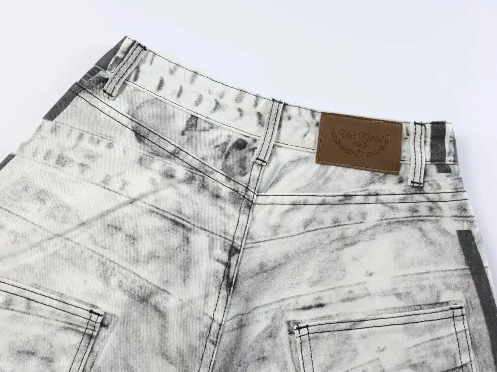 Ripped Marble Print Wide Jeans