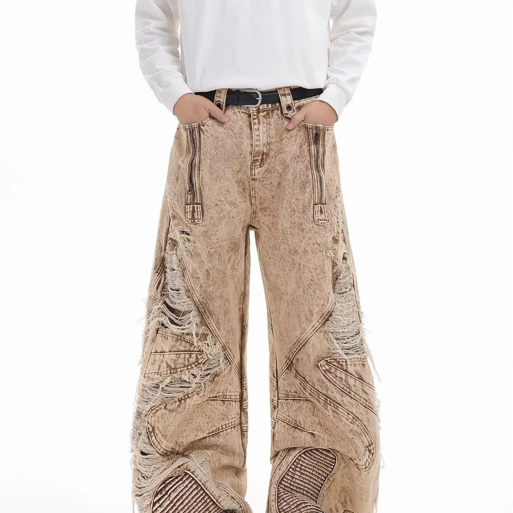Retro Broken Hole Baggy Wide Jeans