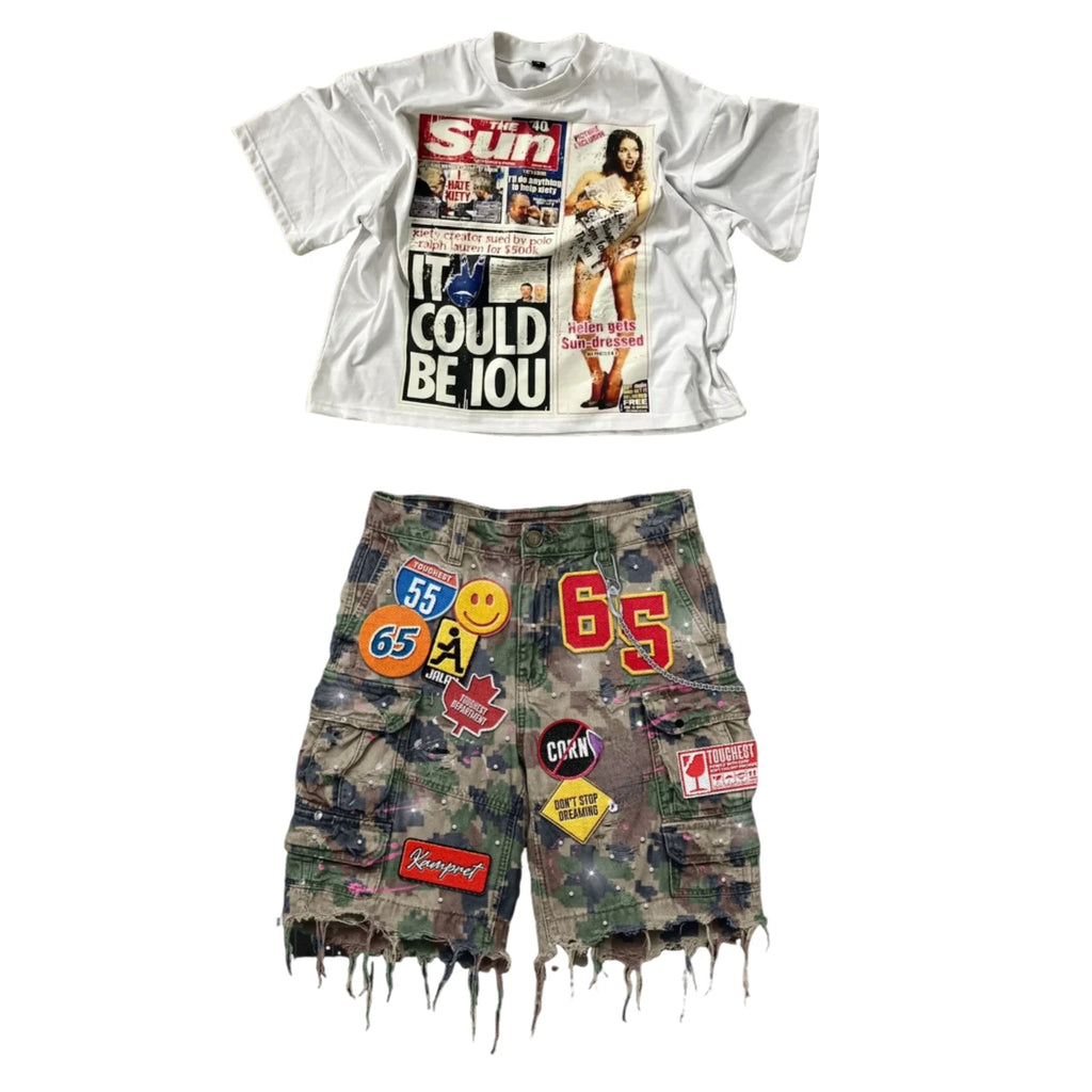 Retro Blue Patchwork Denim Shorts/Tee