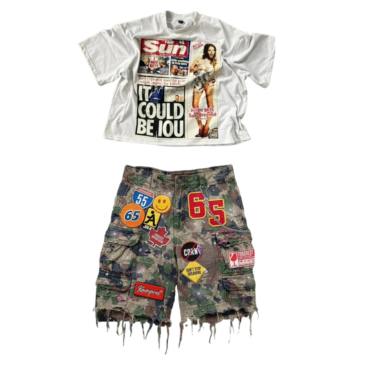 Retro Blue Patchwork Denim Shorts/Tee