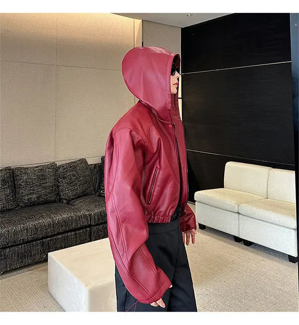 Hooded PU Leather Jacket