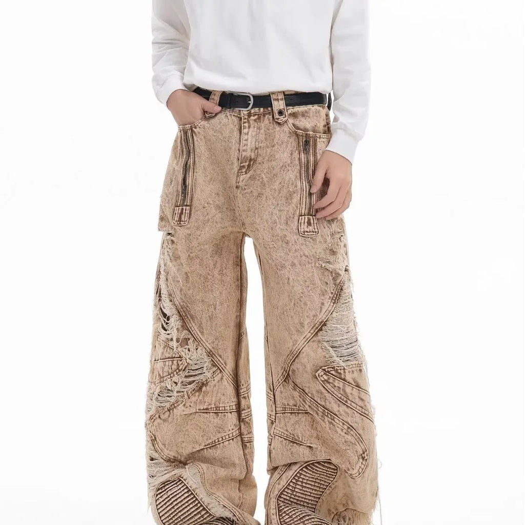 Retro Broken Hole Baggy Wide Jeans