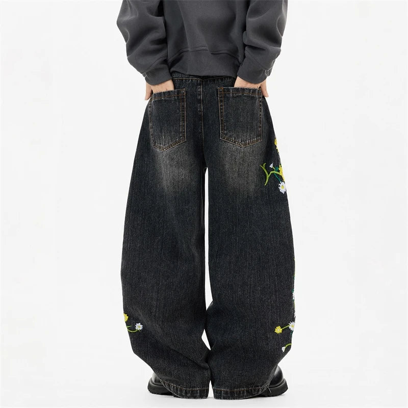Floral Embroidery Wide Leg Jeans