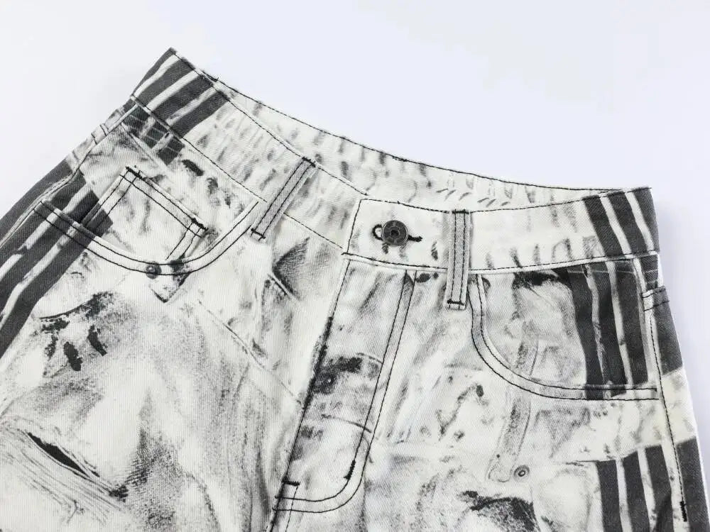 Ripped Marble Print Wide Jeans