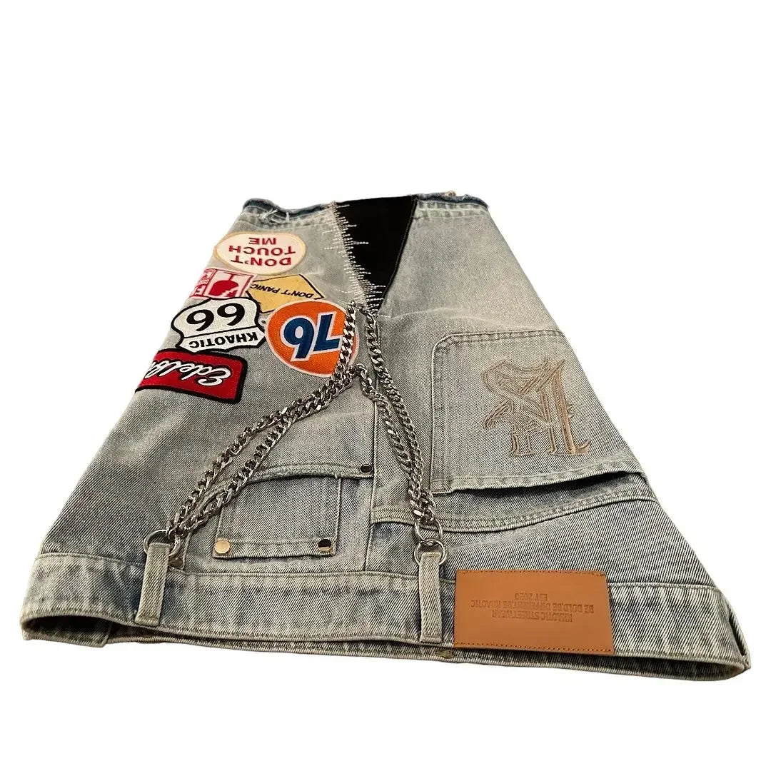 Retro Blue Patchwork Denim Shorts/Tee