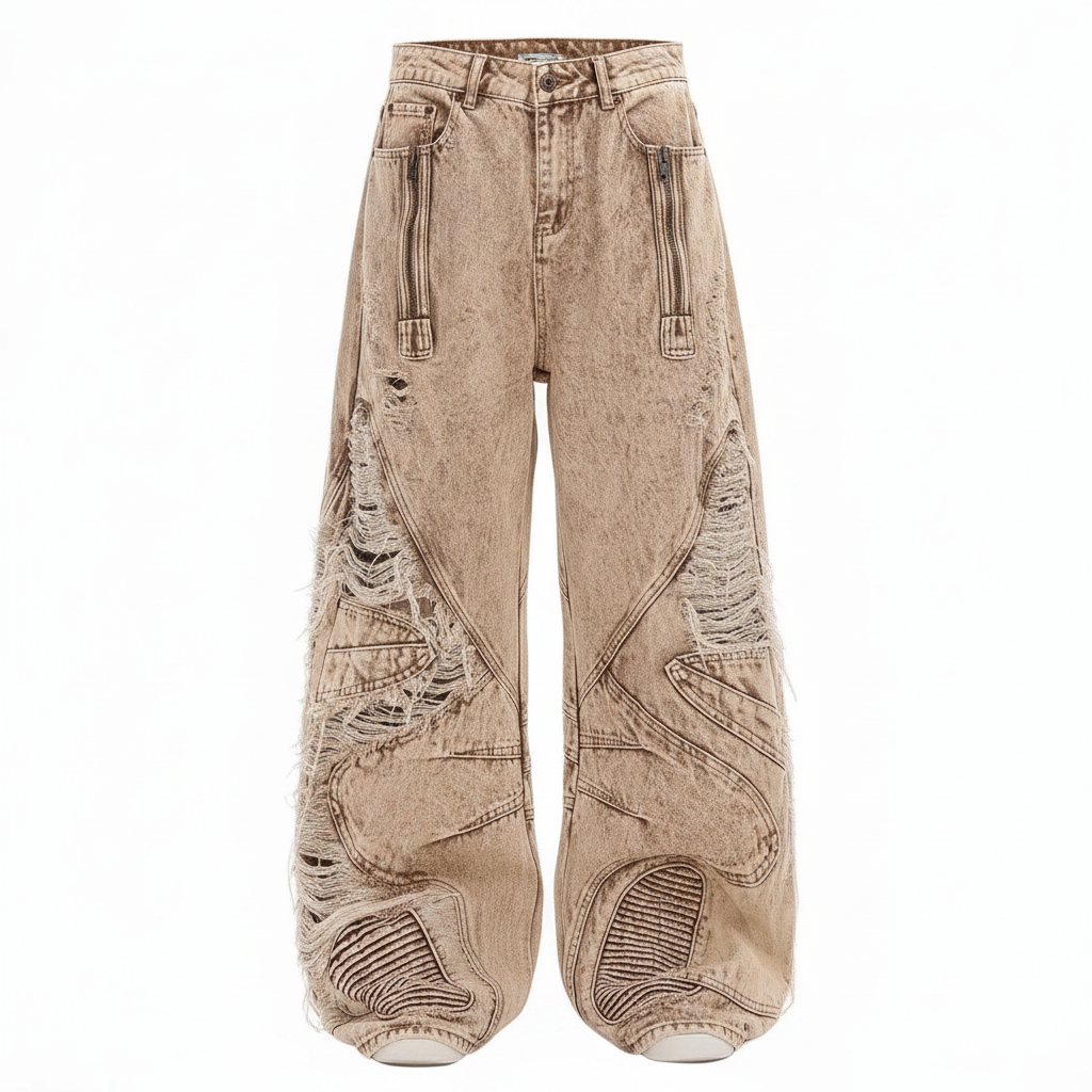 Retro Broken Hole Baggy Wide Jeans