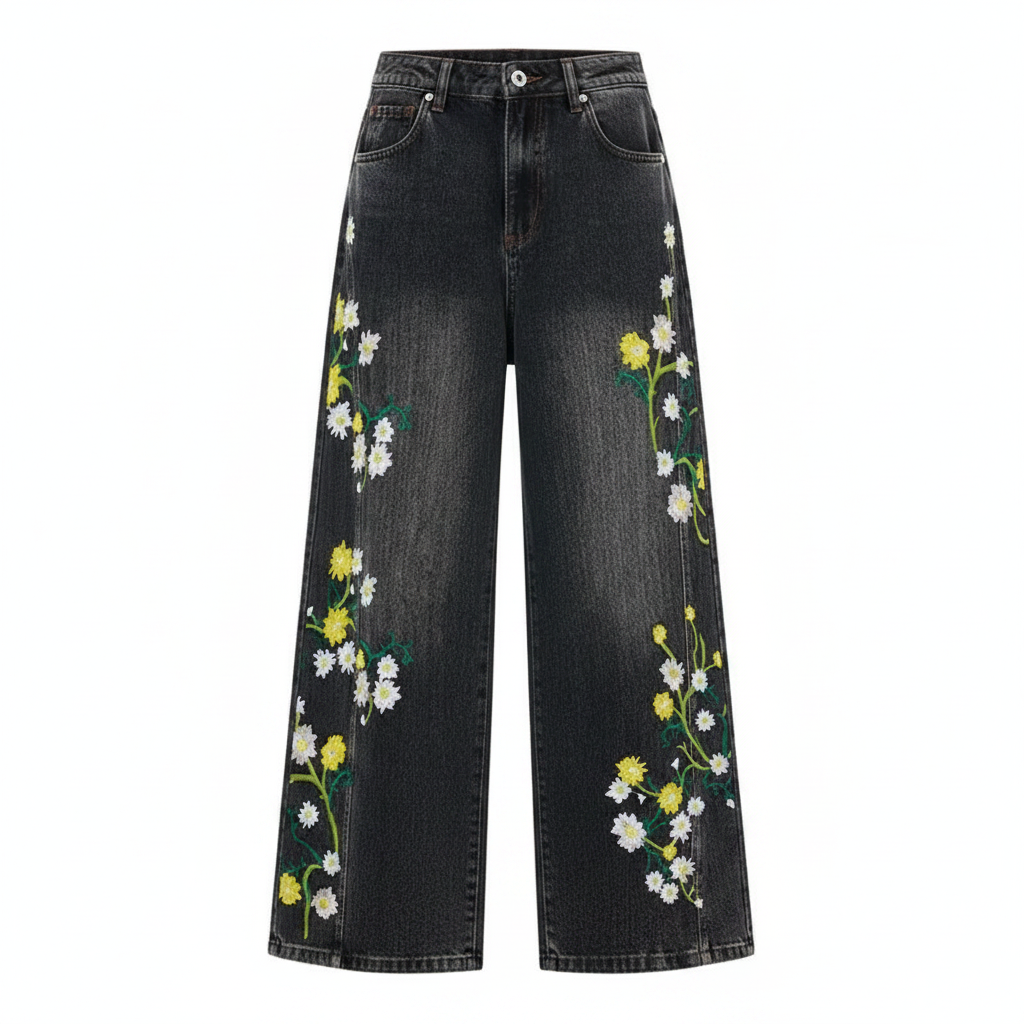 Floral Embroidery Wide Leg Jeans