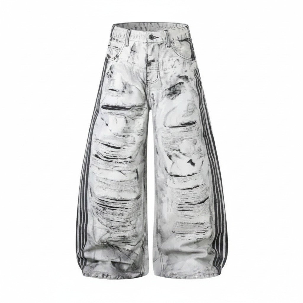 Ripped Marble Print Wide Jeans